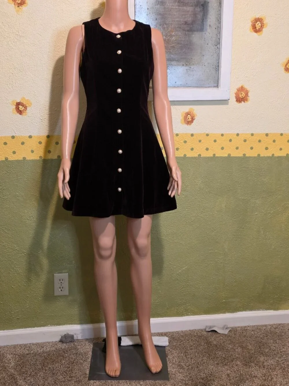 Lush Velvet Button Front Mini Dress Purple Small Gold Pearl Buttons Repaired